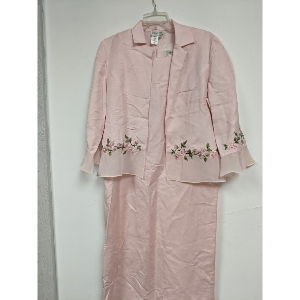 Coldwater Creek Size 6P Sleeveless Dress Suit Jscket Pink Lined Linen Embroidere